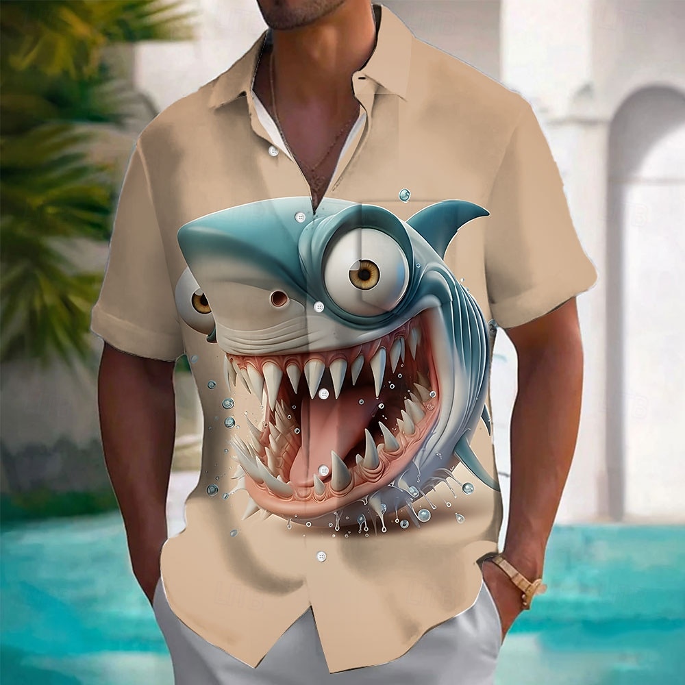 Voor heren dier Haai Grappig Hawaiiaans overhemd Overhemd met knopen Aloha-shirt Korte mouw Hawaii Vakantie Zomer Lente Strijkijzer 3D-afdrukken shirts met kraag Voorste zak blauw Khaki 2026 - $25.99 –P2