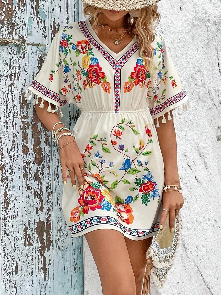 Dames Mini-jurk Boho-jurk Casual jurk Bloemetjesjurk Elegant Modieus Modern Buiten Vakantie Uitgaan Normale pasvorm Bloemig Korte mouw V-hals blauw Zwart Wit Zomer Lente 2026 - E£1924.54 –P2