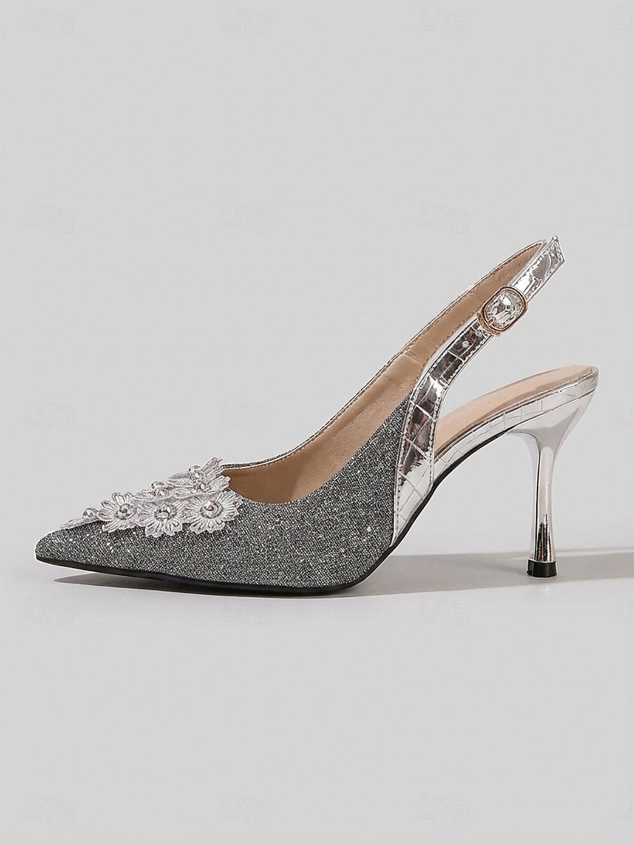 scarpe con tacco slingback impreziosite in argento da donna - eleganti scarpe da invitata per matrimoni in città del 2026 a $34.99 –P2