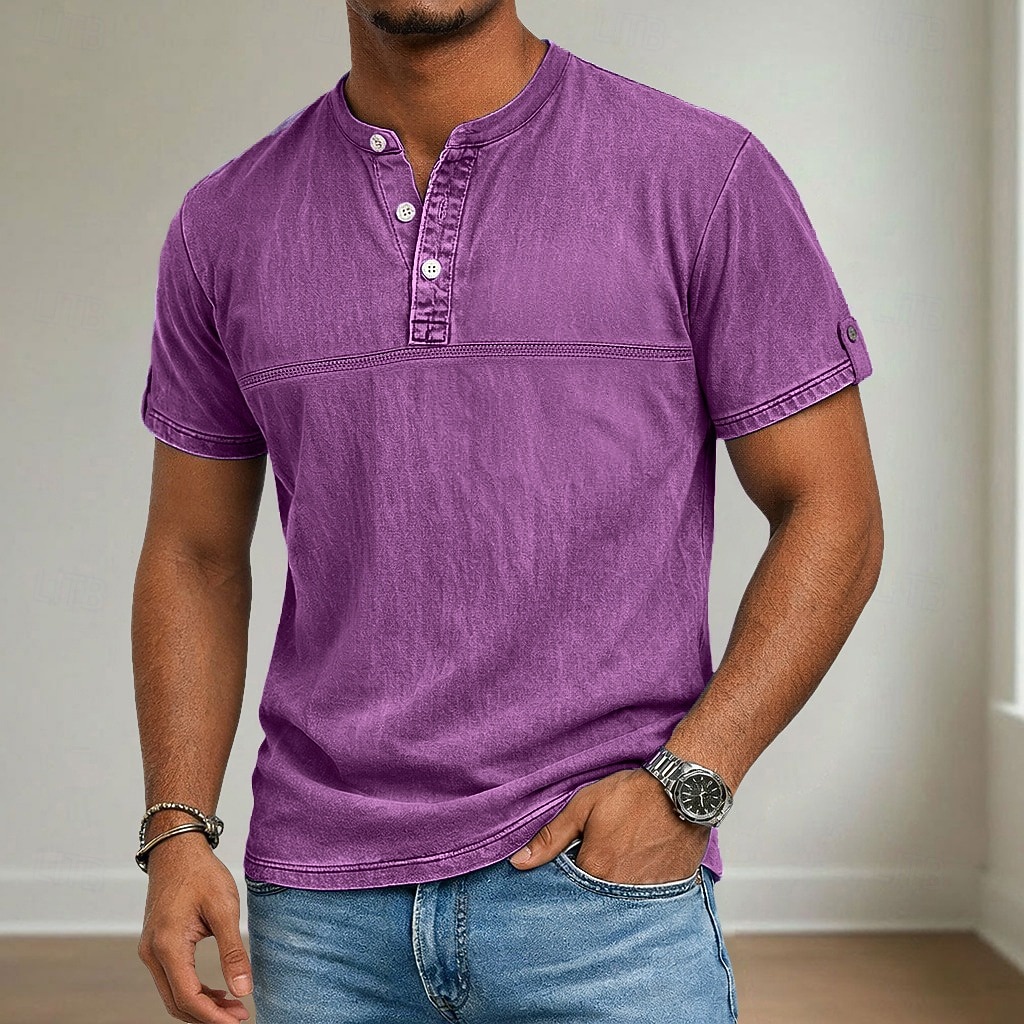 Men's Henley Shirt 100% Cotton Acid Wash Shirt Short Sleeve Henley Summer Spring Fall Plain Retro Vintage Casual Vintage Style Washed Casual Light Blue Dark Brown Black Top Tee for Men 2026 - $31.99 –P2
