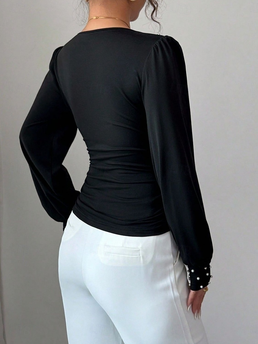 Dam Skjorta Blus Långärmade toppar Rynkad Slät Mode Stylish Klassisk Långärmad V-hals Vanliga toppar Dagligen Helgdag Utekväll Svart Vin Aprikos Sommar Vår 2026 - $29.99 –P5