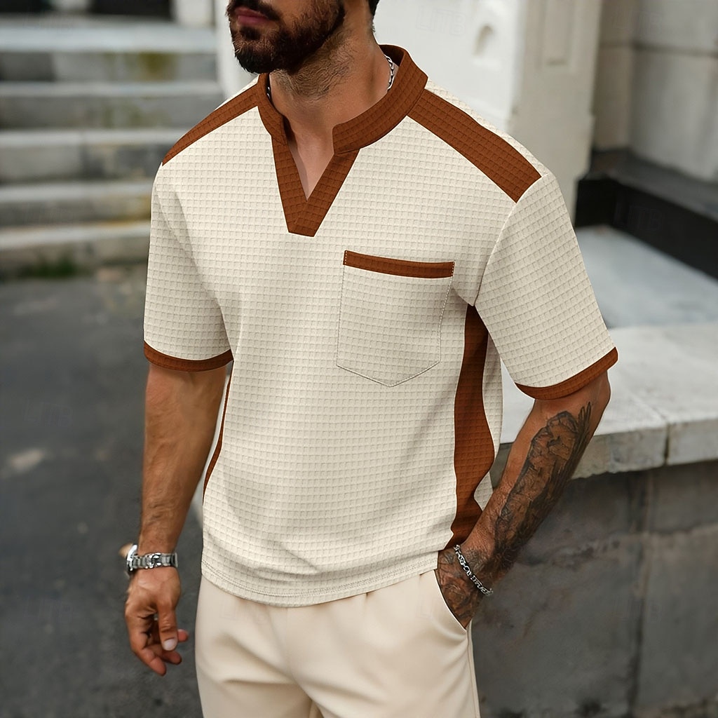 Hombre Camiseta con diseño de gofre Camiseta Camisa manga corta Camiseta superior Manga Corta Escote en Pico Verano Primavera Bloque de color Ropa de calle Elegante Casual Bloque de Color Bolsillo 2026 - $21.99 –P5