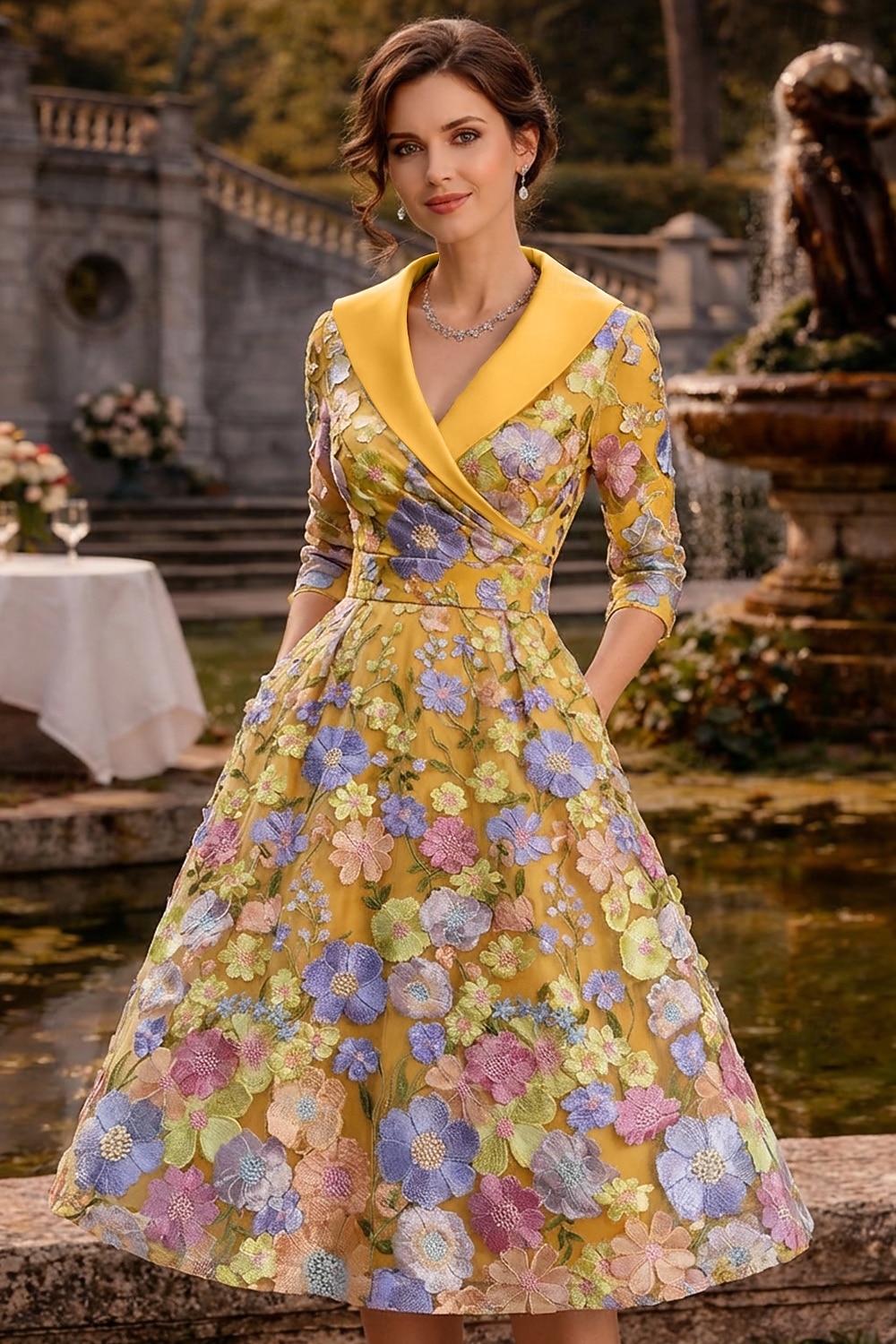 Ligne A Longueur thé Robes de Cocktail Élégant ancien Floral Demi Manches Revers Fête de jardin Mariage Poche Satin Dos Bénitier avec Fleur brodée Broderie Poche de 2026 ? $182.99 –P1