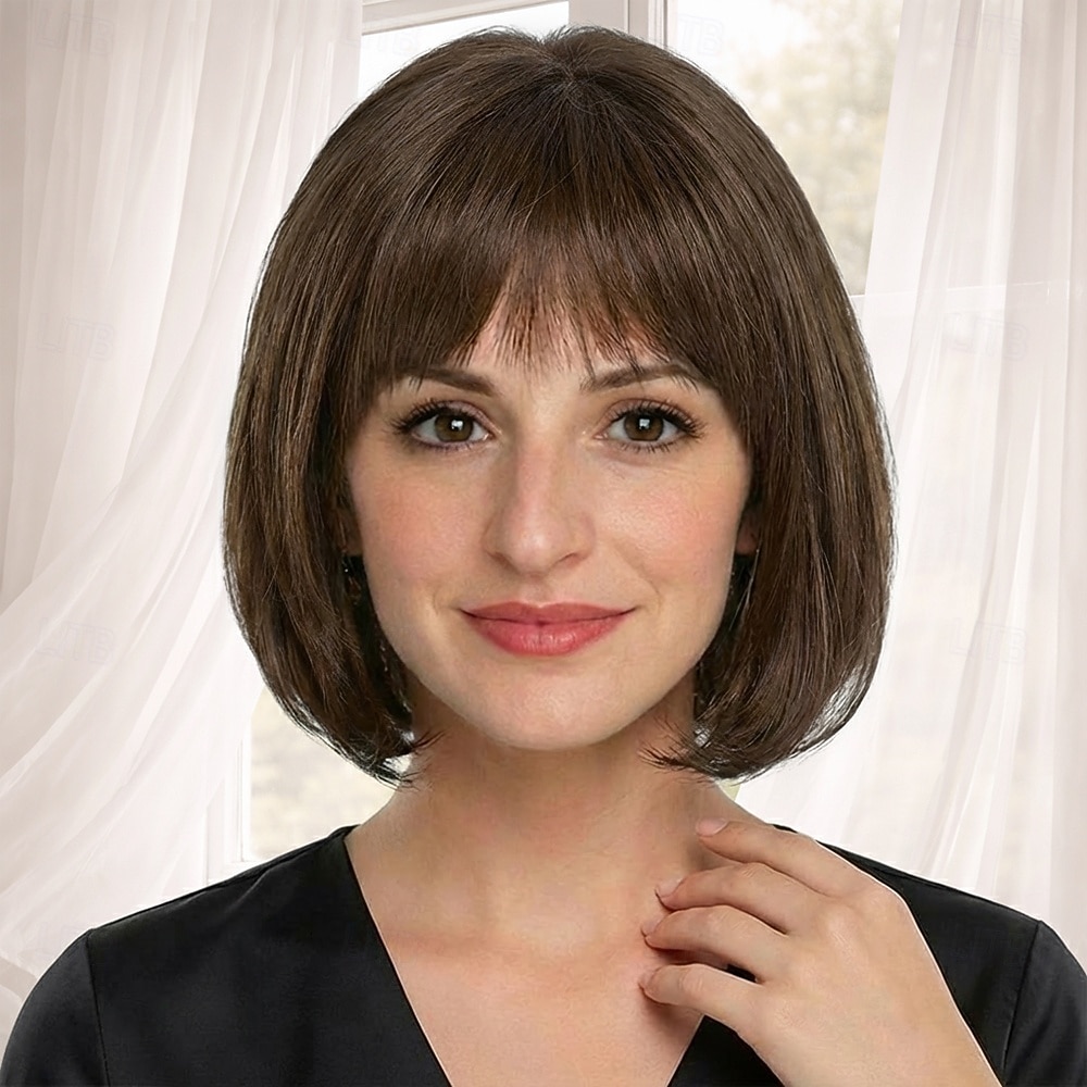 Элегантный парик-каре для женщин — гладкий темно-коричневый с естественной челкой. 2026 - $32.99 –P1