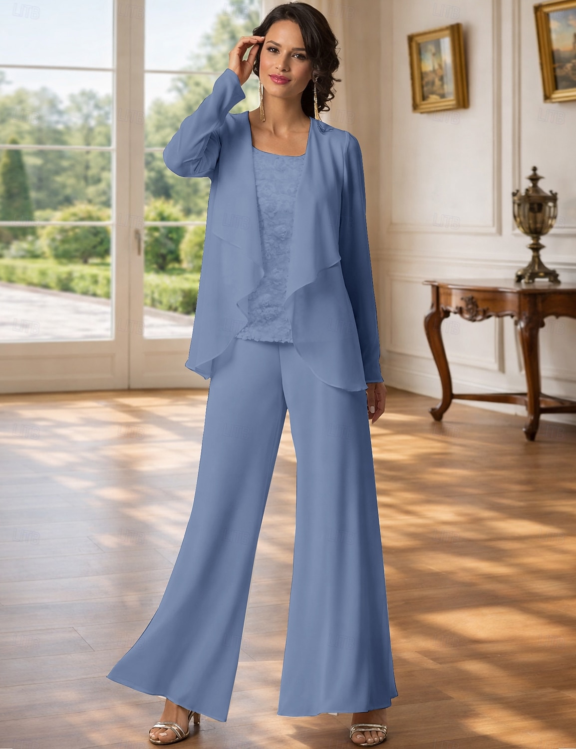 Traje de pantalón Traje de 3 piezas Hasta el Suelo Vestido de Madrina Sin Mangas Barco de cuello Elegante Talla Grande Bolero incluido Formal Invitado a la boda Gasa con Encaje 2026 - $126.99 –P19