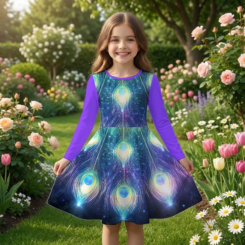 Mädchen' 3D Grafik Pfau Kleid Langarm 3D-Druck Frühling Herbst Täglich Urlaub Party Lässig Prinzessin Schön Kinder 4-12 Jahre Freizeitkleid A Linie Kleid Knielang Normale Passform 2026 - $23.99 –P1