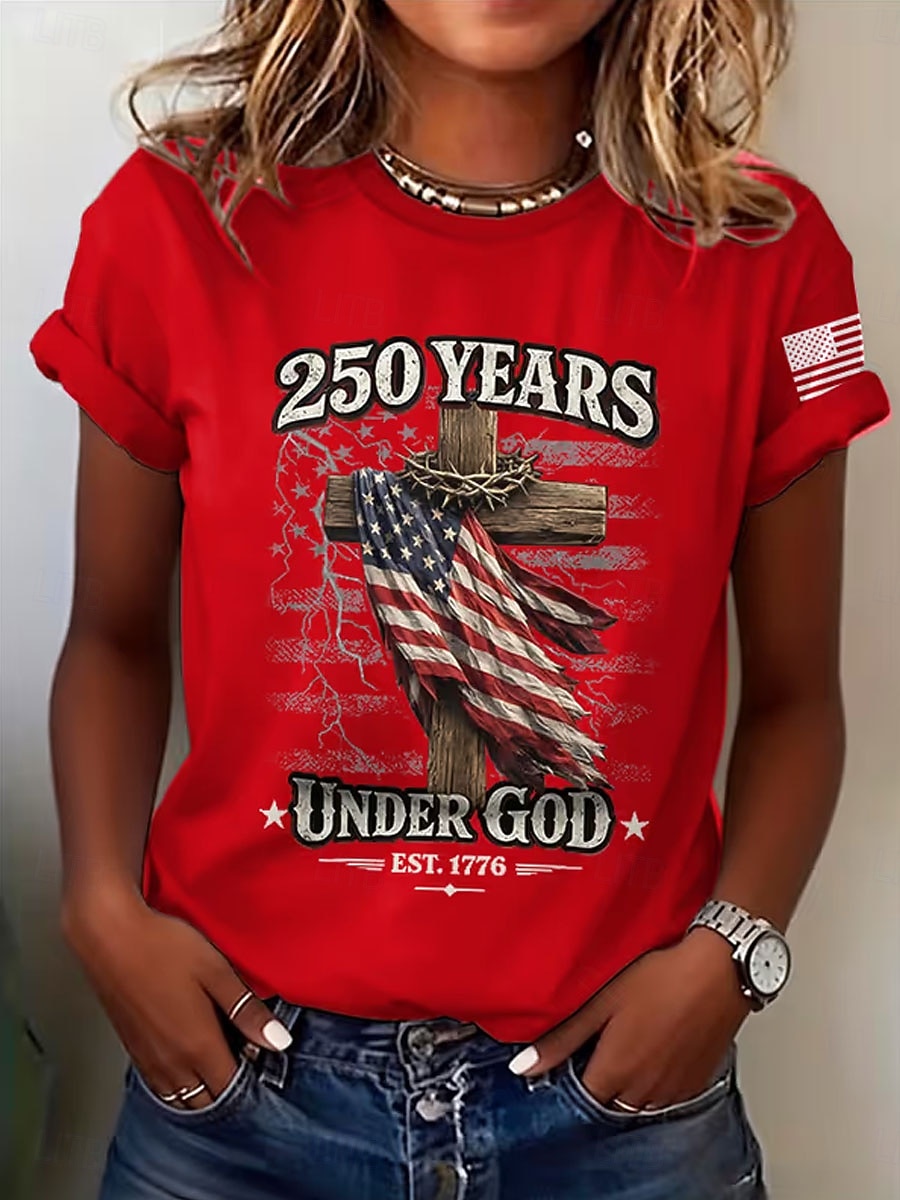 Giorno dell'Indipendenza Americana Per donna Maglietta Stampato Grafico Lettera Vintage Elegante Classico Manica Corta Girocollo Top Regolari Quotidiano Blu Nero Bianco Rosso Estate Primavera del 2026 a $22.99 –P3