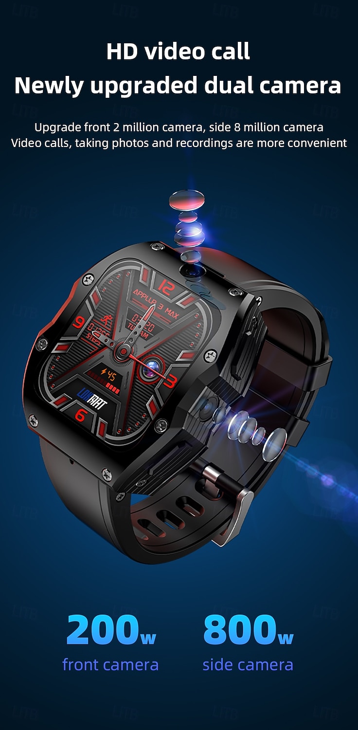 Lokmat appllp 3 max smartwatch 2,02 cala 4G LTE komórkowy smartwatch telefon krokomierz przypomnienie o połączeniach monitor aktywności kompatybilny z Androidem, iOS, GPS unisex, połączenia bez użycia rąk, sterowanie multimediami ipx-4 55 mm 2026 - $334.49 –P15