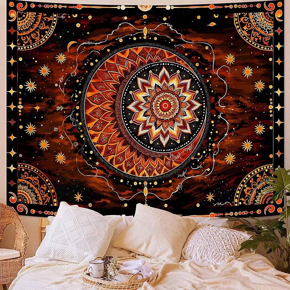 Niebiański gobelin ścienny z mandalą słońca i księżyca, spalonej pomarańczy, czerwonej, mistycznej galaktyki, wiszący na ścianie, w stylu boho, plemienny wystrój pokoju, estetyczne tło do sypialni 2026 - $20.99 –P2