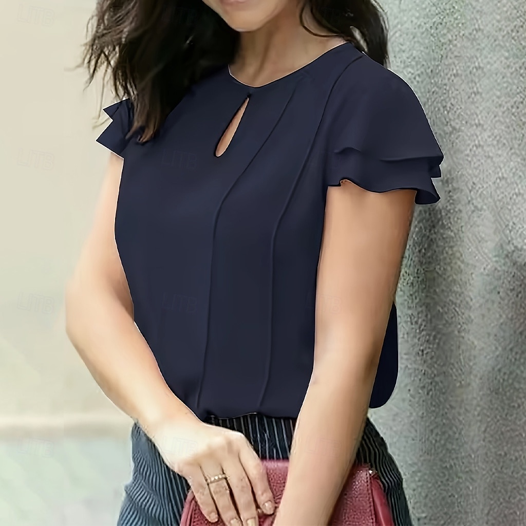 Жен. Рубашка Блуза Пэчворк Пуговицы Сплошной цвет Элегантный стиль Мода Повседневные С короткими рукавами Вырез под горло Обычные топы Уличная одежда Офис 2026 - $21.99 –P3