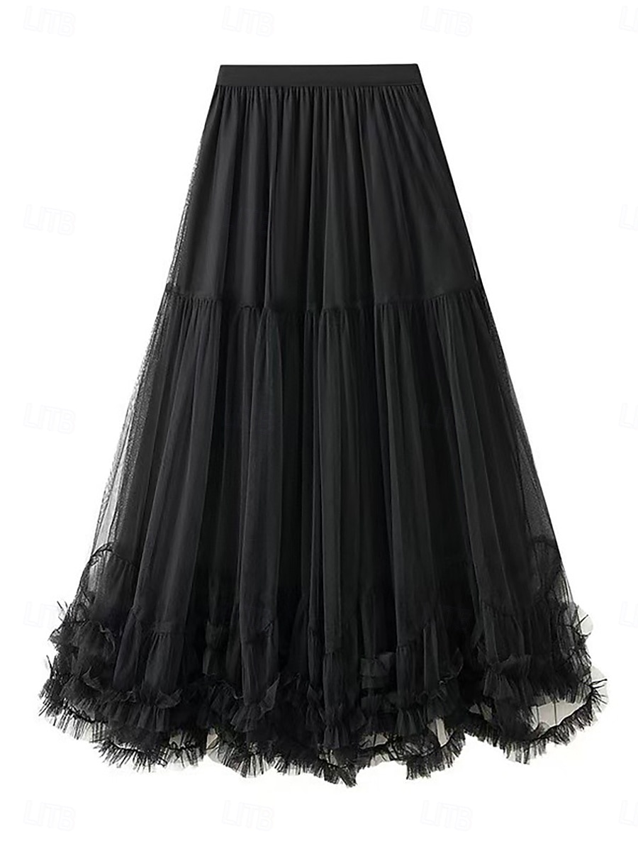 Women's Vacation Skirt Elegant Fashion Cute Casual Maxi Mid Rise Skirts Plain Elastic Waist Layered Mesh Micro-elastic Daily Vacation Apricot Black Pink Wine Summer 2026 - $29.99 –P4