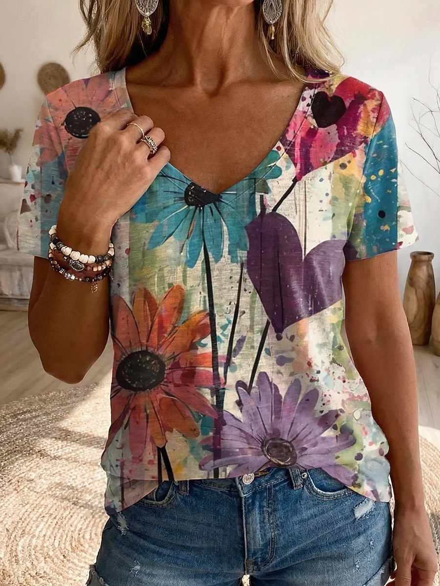Women's T Shirt Print Floral Graphic Vintage Stylish Classic Short Sleeve V Neck Regular Tops Daily Sports Going out Blue Light Beige Royal Blue Purple Summer Spring 2026 - $21.99 –P4