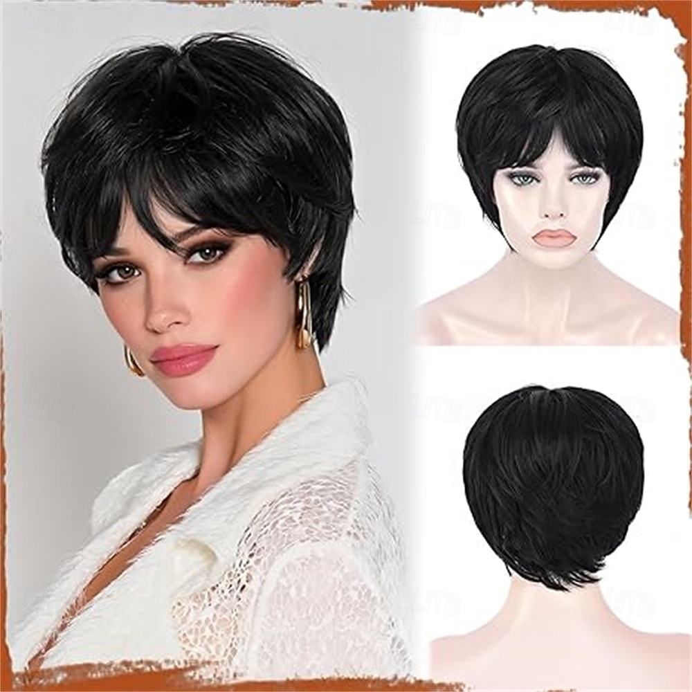 Pixie Cut Wig - Short Gray Wig with Bangs Layered Pixie Haircut Synthetic Hair Wigs for Women Soft Heat Resistant Natural Looking Grey Wigs for Daily Party Use Black Ombre Gray 2026 - $30.99 –P2