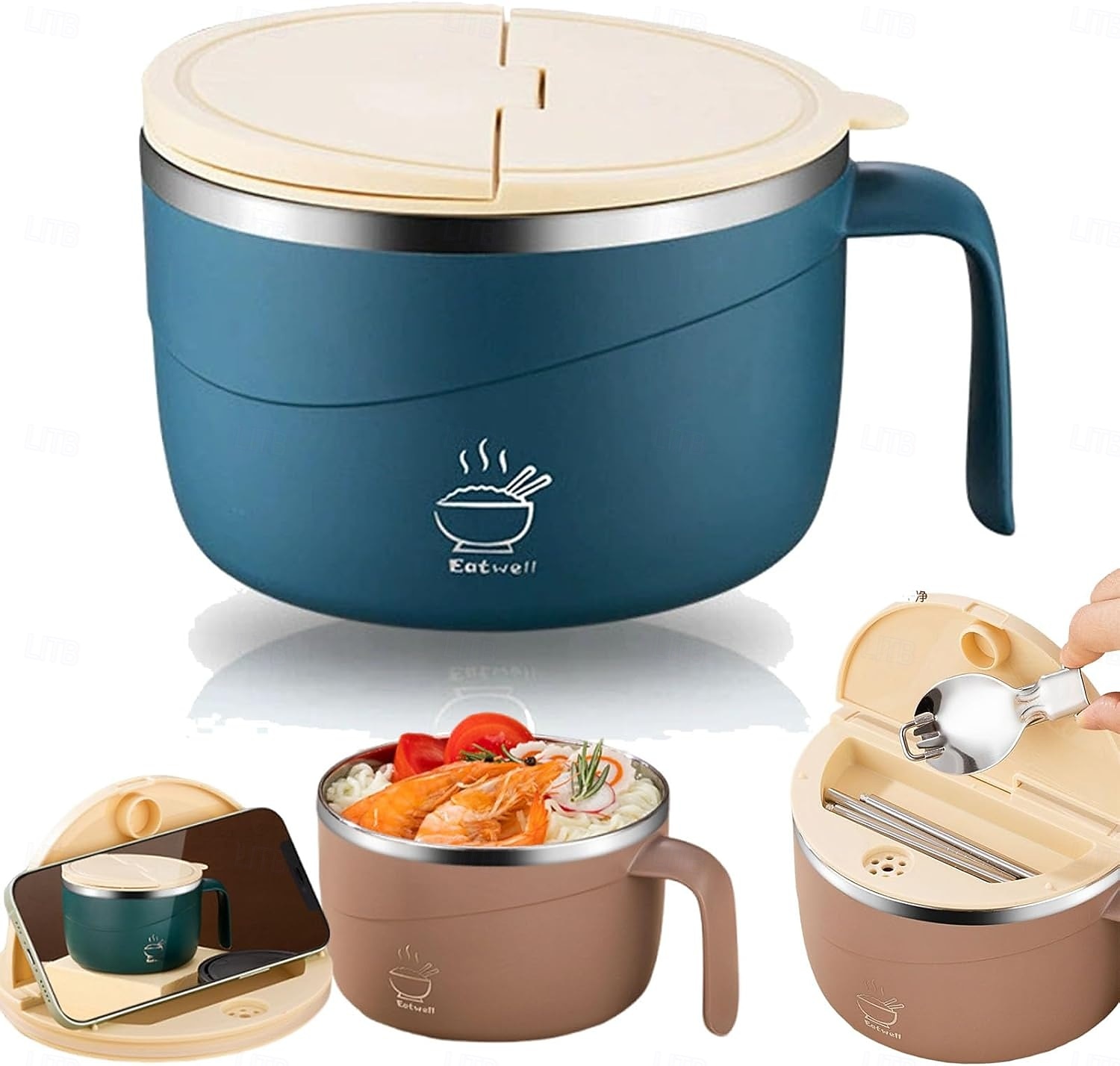 304 rustfritt stål nudelskål med lokk og håndtak, 1200 ml ramenskål med stor kapasitet, dobbeltvegget skåldingssikker suppeskål, bærbar matbeholder for studenthjem, kontor, hjemmebruk 2026 - $16.99 –P6