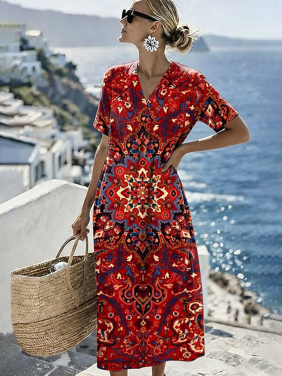 Women's Midi Dress Shift Dress Sundress Vacation Casual Beach Daily Going out Regular Fit Graphic Geometric Short Sleeve V Neck Blue Red Purple Green Summer Spring 2026 - $39.99 –P1