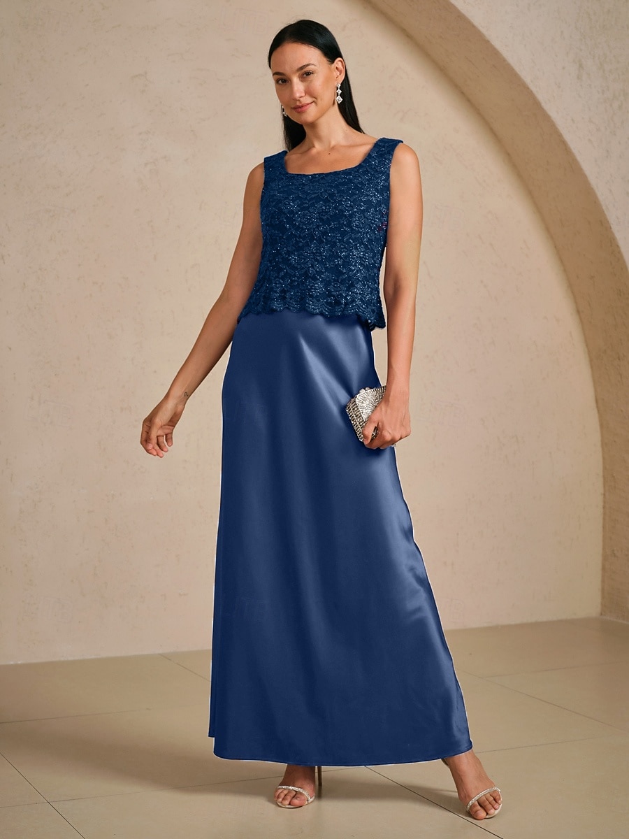 Women's Maxi Dress A Line Dress Satin Elegant Evening Party Lace Glitter Regular Fit Floral Sleeveless Square Neck Navy Blue 2026 - $135.99 –P1