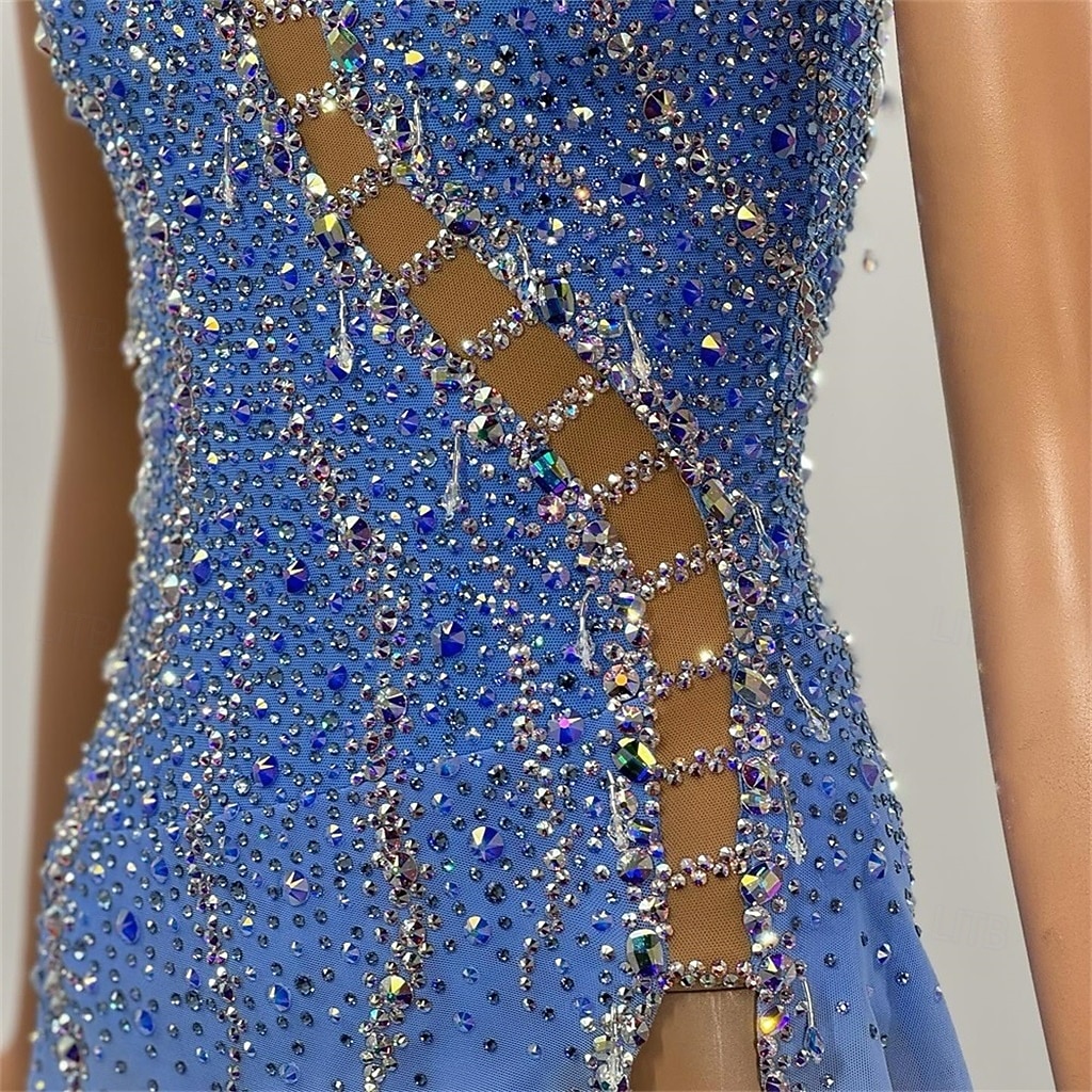 Figure Skating Dress Girls' Ice Skating Dress Blue Patchwork Asymmetric Hem Stretchy Training Competition Skating Wear Classic Crystal / Rhinestone Sleeveless Ice Skating Figure Skating 2026 - $273.99 –P4