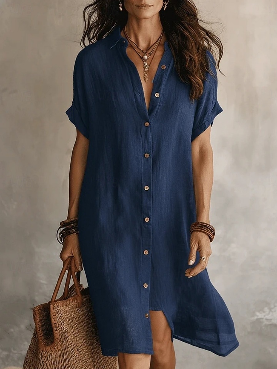 Women's Mini Dress Linen-feel Dresses Shift Dress Summer Dress Casual Daily Loose Fit Plain Short Sleeve Lapel Blue Black Wine Army Green Summer Spring Fall 2026 - $31.99 –P5