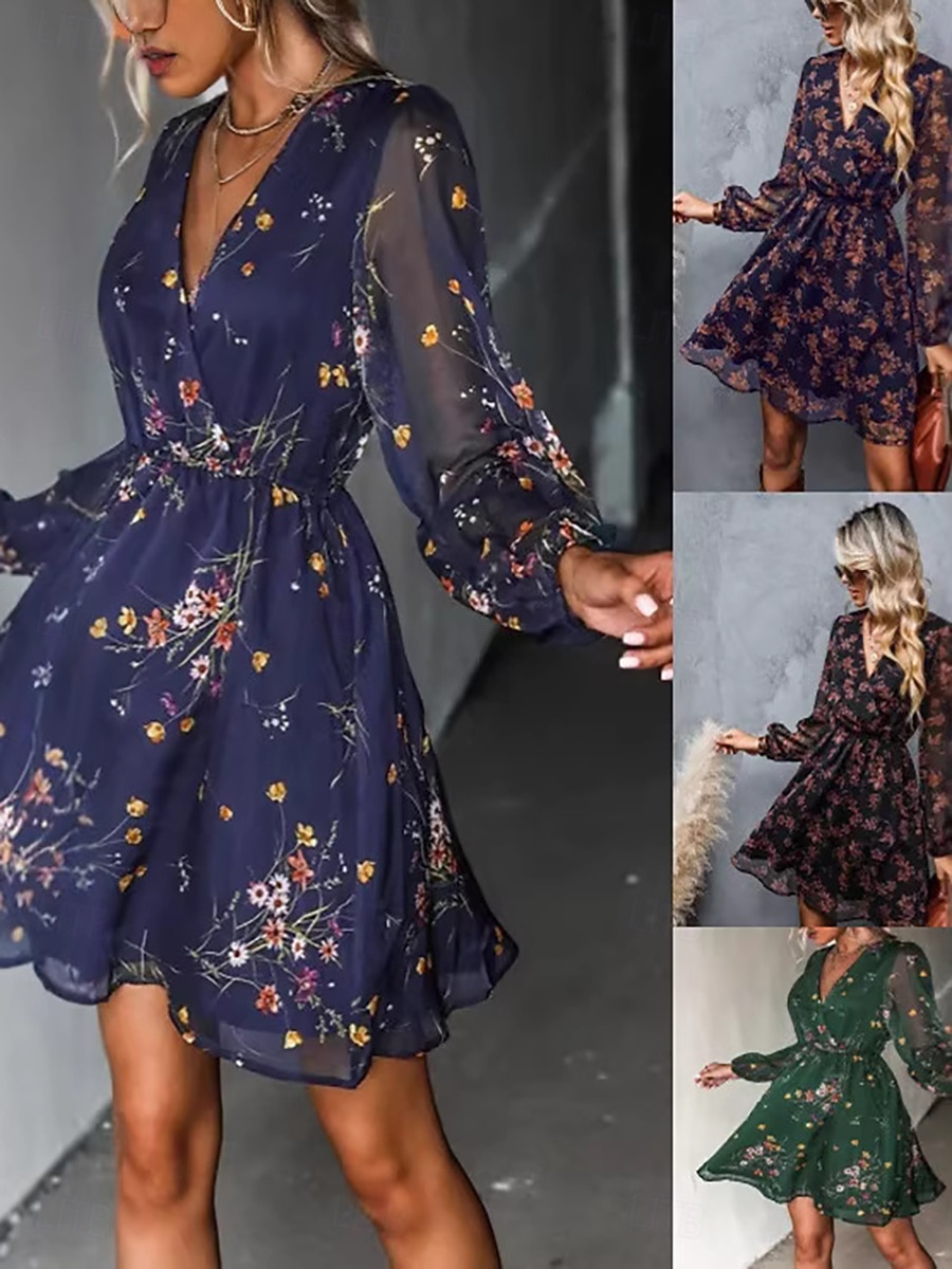 Dames Mini-jurk Casual jurk Chiffon jurk Jurk met print Elegant Modieus Modern Buiten Vakantie Uitgaan Normale pasvorm Bloemig Lange mouw V-hals blauw Zwart Leger Groen Paars Zomer Lente Herfst 2026 - $35.99 –P1