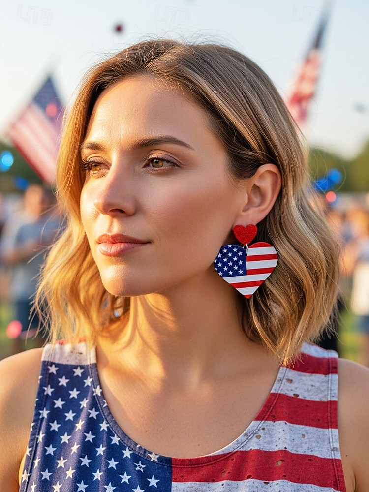 Women's Acrylic Patriotic Dangle Earrings, Multi-Style Sunflower, Star and Heart American Flag Earrings for USA 250th Anniversary, Independence Day, Casual Wear, Travel and Vacation Styling 2026 - $7.99 –P4