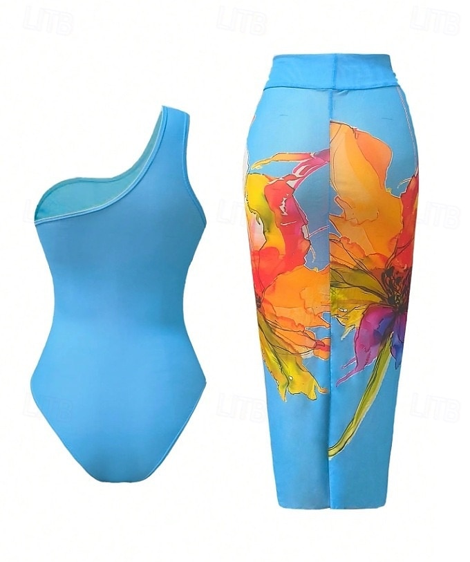 Mulheres Roupa de Banho 2 partes Monoquíni Saia roupa de banho Compressão abdominal Cintura Alta Delgado Frente Única Férias Roupa de Praia Floral Pescoço Assimétrico Sem Manga Fatos de banho de 2026 por $29.99 –P2