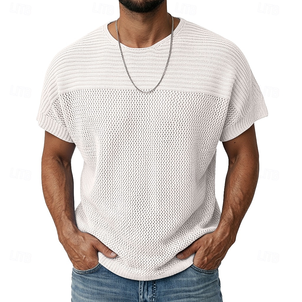 Herren Strick-T-Shirt T-Shirt Kurzarm Kurze Ärmel Rundhalsausschnitt Sommer Einfach Strickware Mode Täglich Ausgehöhlt Lässig Outdoor Streetwear Weiß Top T-Shirt für Herren 2026 - $25.99 –P4