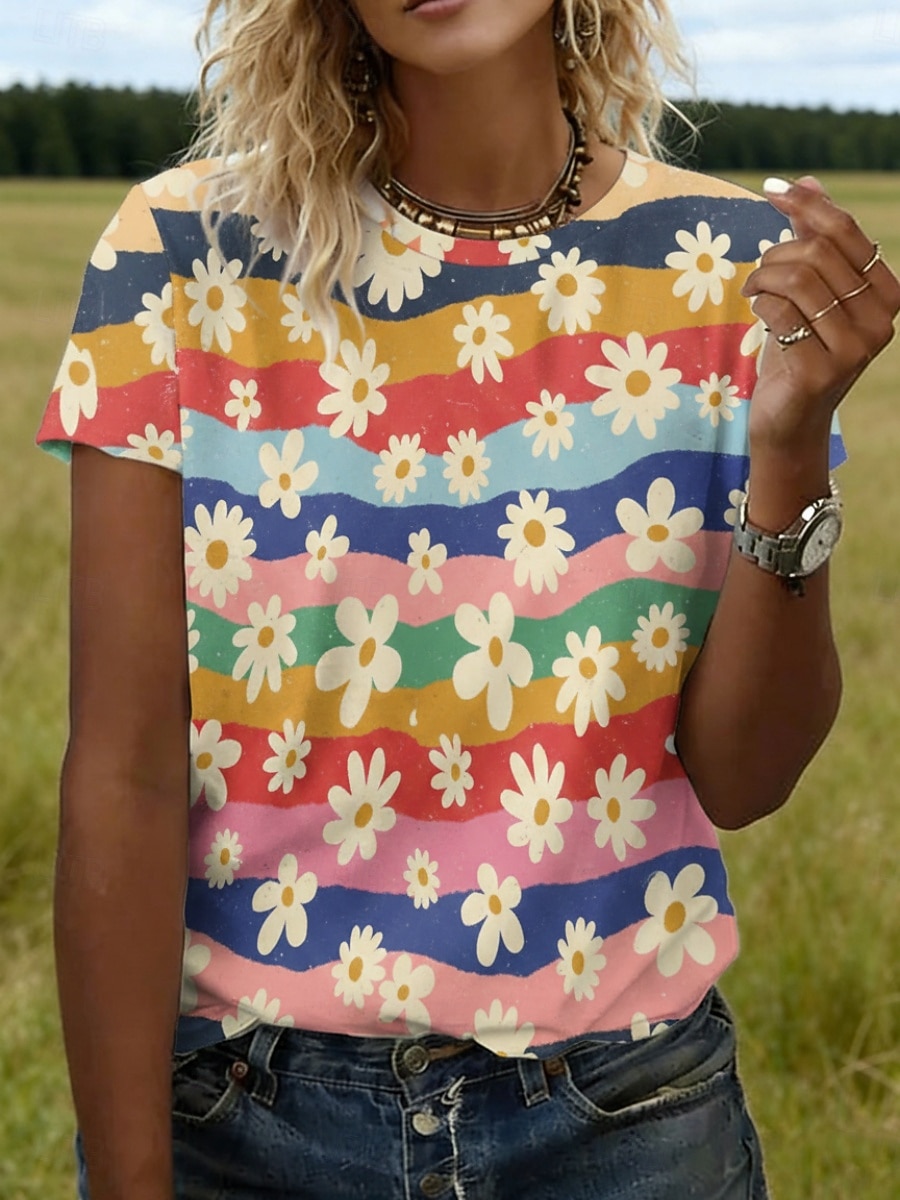 Dames T-shirt Afdrukken Bloemig Grafisch Stijlvol Klassiek Casual Korte mouw Strakke ronde hals Normale tops Dagelijks Uitgaan Weekend Regenboog Licht Blauw Zomer Lente 2026 - $19.49 –P1