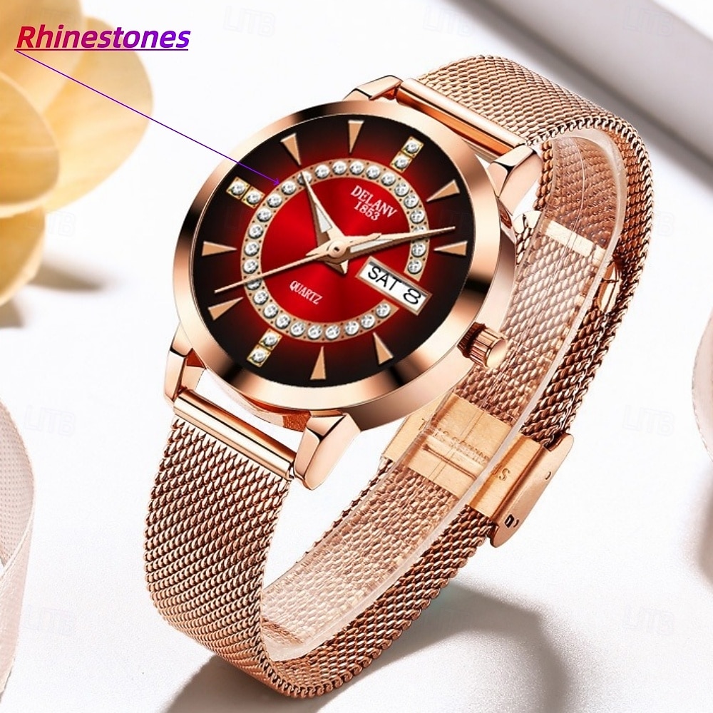2026年 ローズゴールドレディース腕時計、レッドグラデーションダイヤル、ラインストーン付き、レディース高級クォーツ腕時計、日付カレンダー表示、調節可能なメッシュストラップ、お母さん、奥さん、彼女へのエレガントなファッションジュエリーギフト  コレクション – $21.99 –P1
