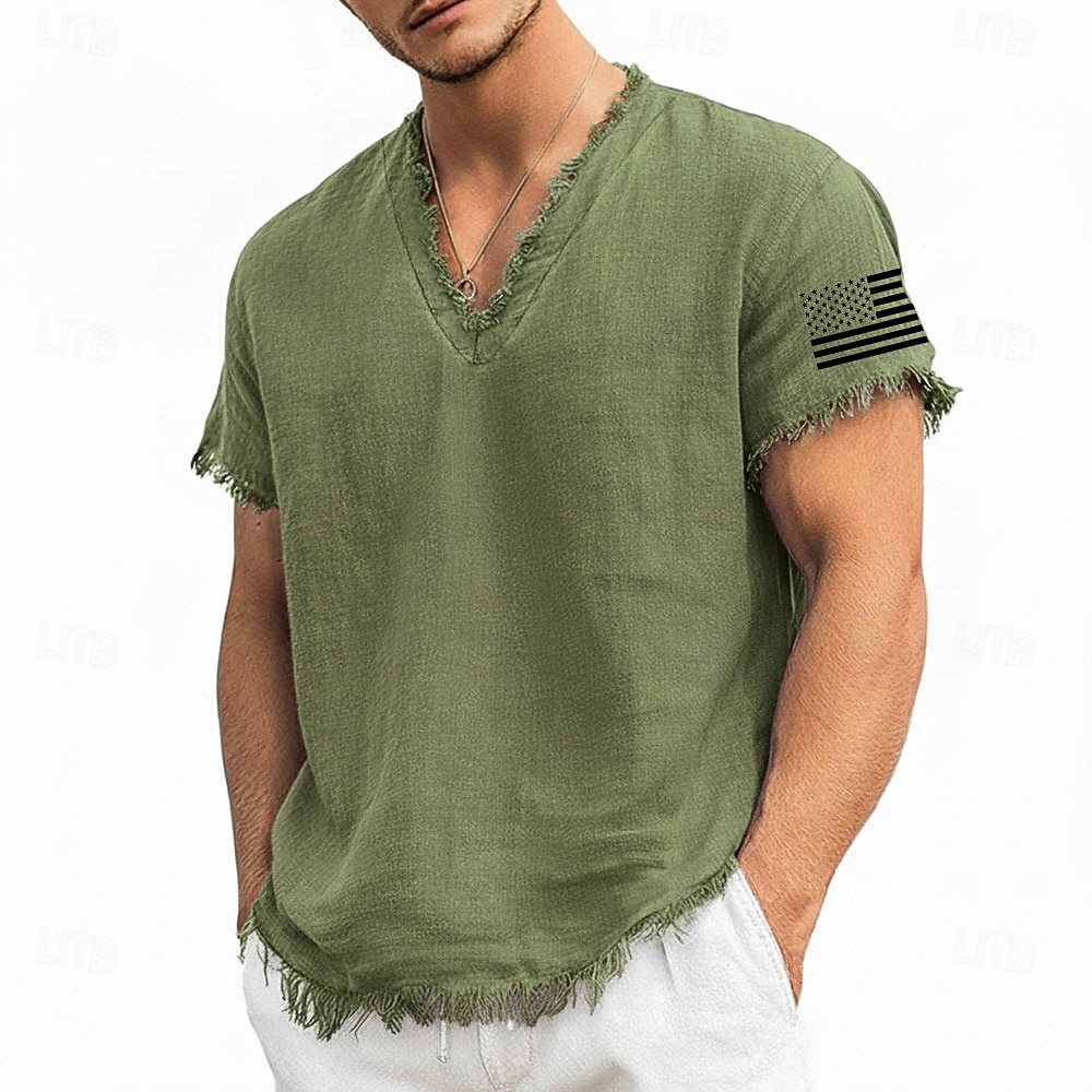 Men's American Flag Sleeve Printed Linen Cotton Blend V-Neck T-Shirt Raw Edge Summer USA Patriotic Beach Tee Frayed Soft Fashion Designer Top S-3XL 2026 - $24.99 –P2
