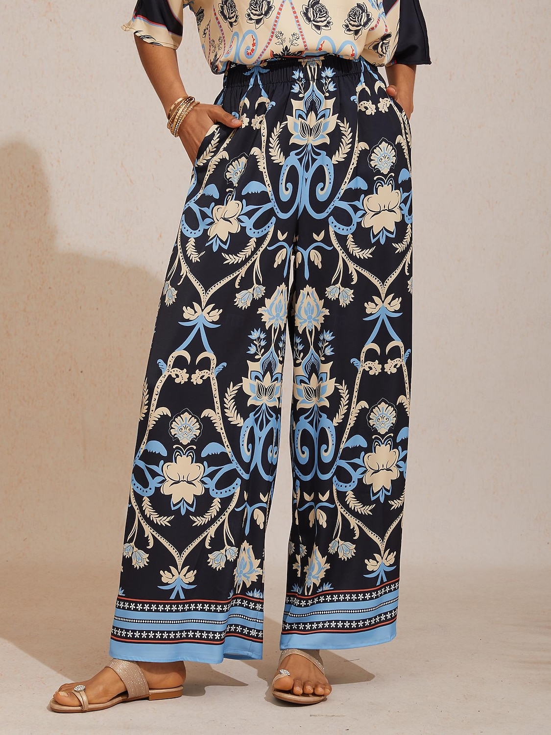 Letnie nocne spodnie z szerokimi nogawkami z jedwabistego satyny palmowej 2026 - $79.99 –P3