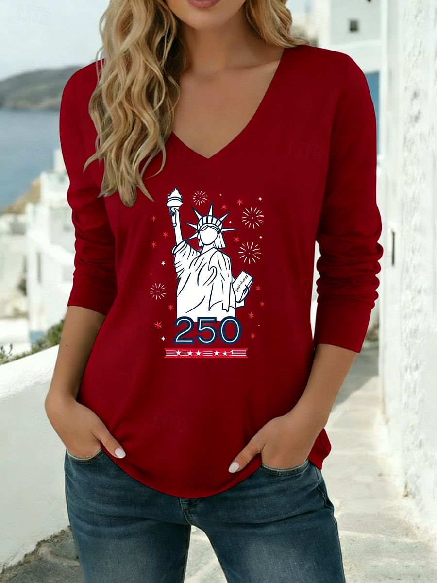 Amerikanska självständighetsdagen Dam T-shirt T-tröja Mönster Grafisk Mode Modern Ledigt Långärmad V-hals Vanliga toppar Dagligen Utekväll Helgen Blå Svart Vit Vin Armégrön Vår Höst 2026 - $21.99 –P3