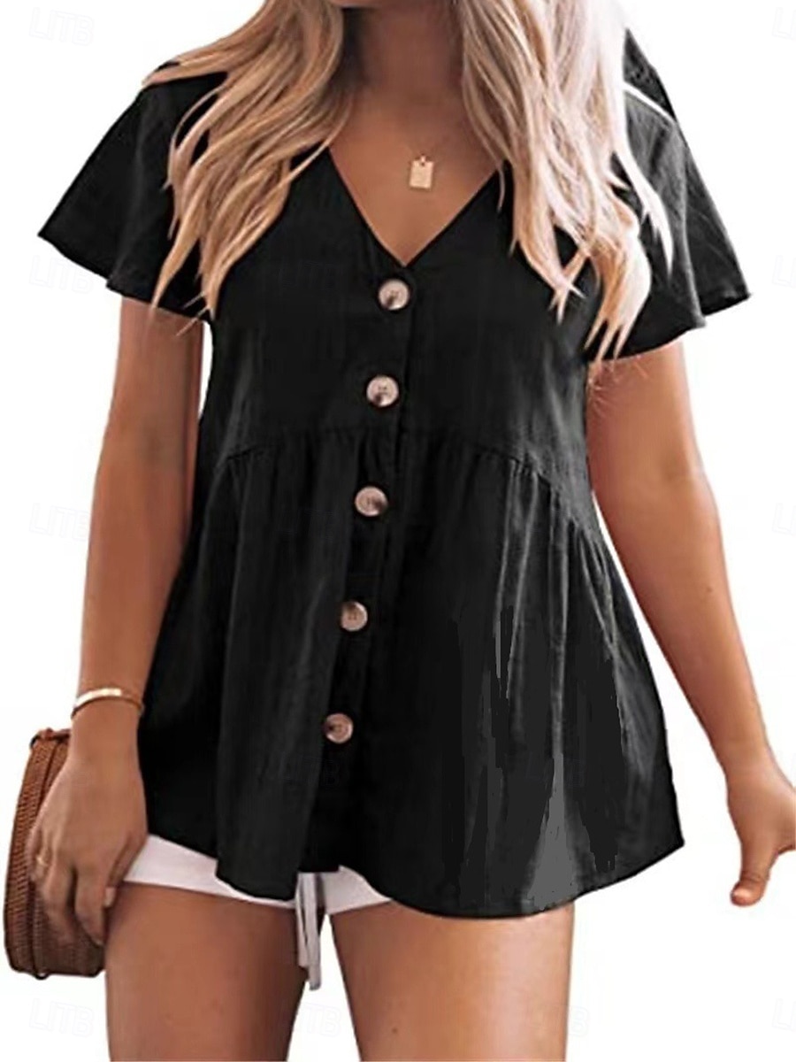Damen Hemd Baumwolle Gerafft Patchwork Knöpfe Einfach Elegant Urlaub Stilvoll Kurzarm V Ausschnitt Normale Oberteile Täglich Strand Ferien Schwarz Hellgrün Rosa Rote Violett Sommer Frühling 2026 - $21.99 –P6