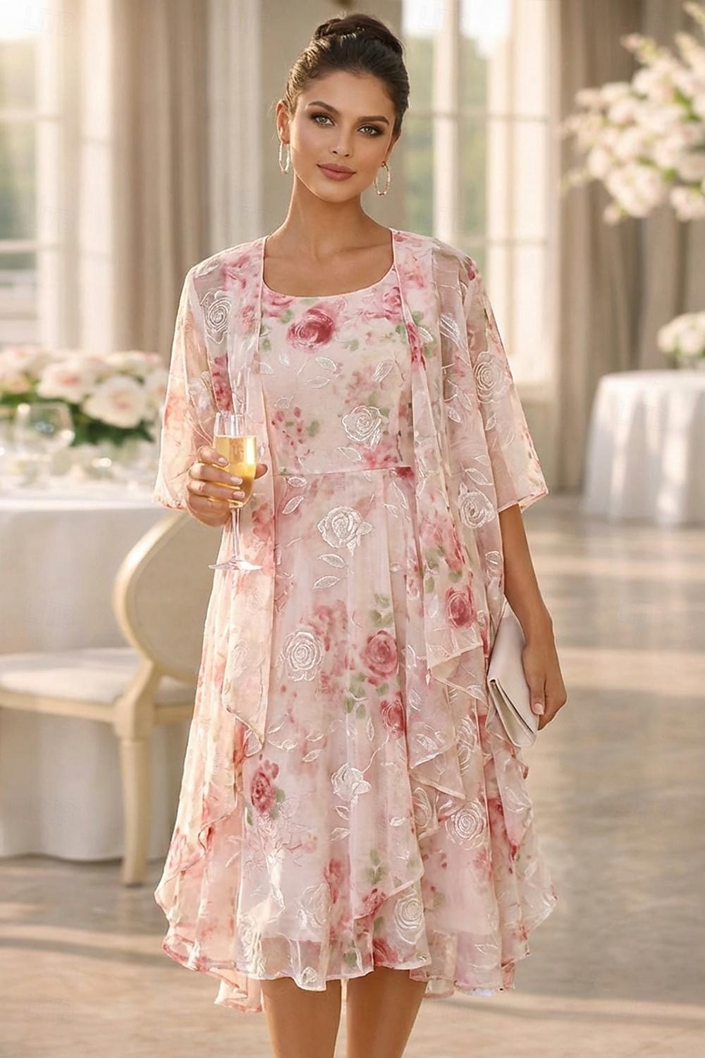Tvådelad A-linje Telång Bröllopsgästklänning Ledig Klänning till brudens mor Halvlång ärm Rundhals Elegant Enkel Ledigt Formell Bröllopsgäst Helgdag Chiffong Sjal inkluderad med Blomtryck Veckad 2026 - $148.99 –P1