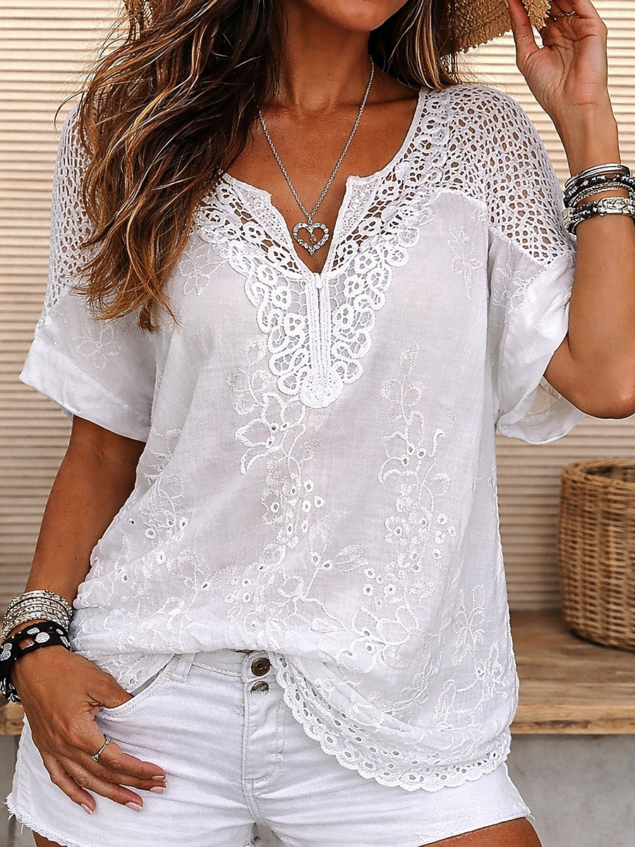 Dam Blus Spets Ensfärgat Stylish Ledigt Kortärmad V-hals Vanliga toppar Dagligen Blå Svart Vit Orange Grå Sommar Vår Höst 2026 - $9.99 –P2