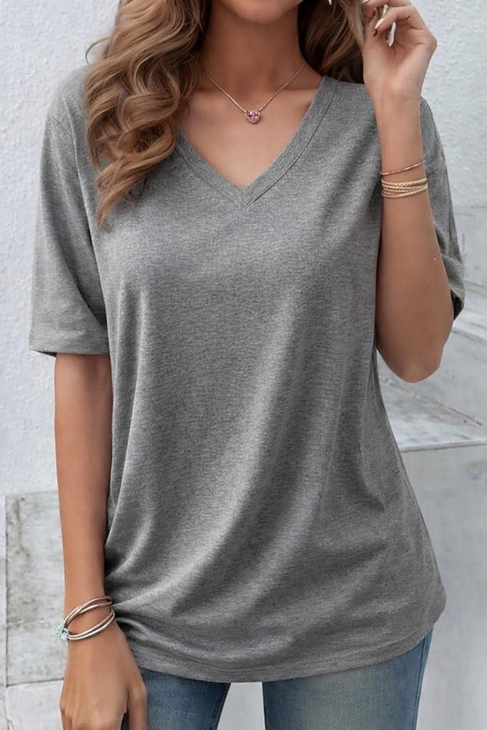 2026年 女性用 オーバーサイズ Tシャツ 純色 エレガント スタイリッシュ カジュアル 半袖 Ｖネック ロングトップス 日常 お出かけ ブラック ホワイト イエロー グレー ライトブルー 夏 春  コレクション – $19.99 –P3