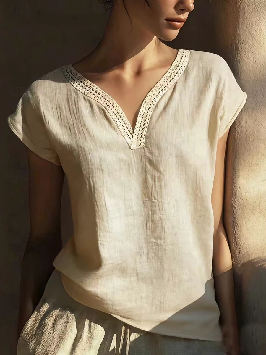 Women's T Shirt Cotton Linen T Shirt Faux Cotton Linen Tee Top Patchwork Plain Classic Casual Short Sleeve V Neck Regular Tops Daily Going out Weekend Sky Blue Apricot Gray Summer Spring 2026 - $24.99 –P3
