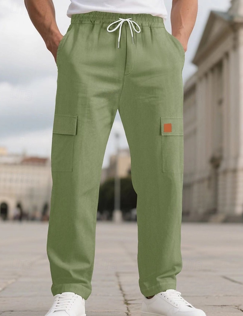 Men's Linen Pants Trousers Summer Pants Beach Pants Drawstring Elastic Waist Solid Color Comfort Breathable Full Length Daily Outdoor Beach Vacation Fashion Black White Inelastic 2026 - $22.99 –P1