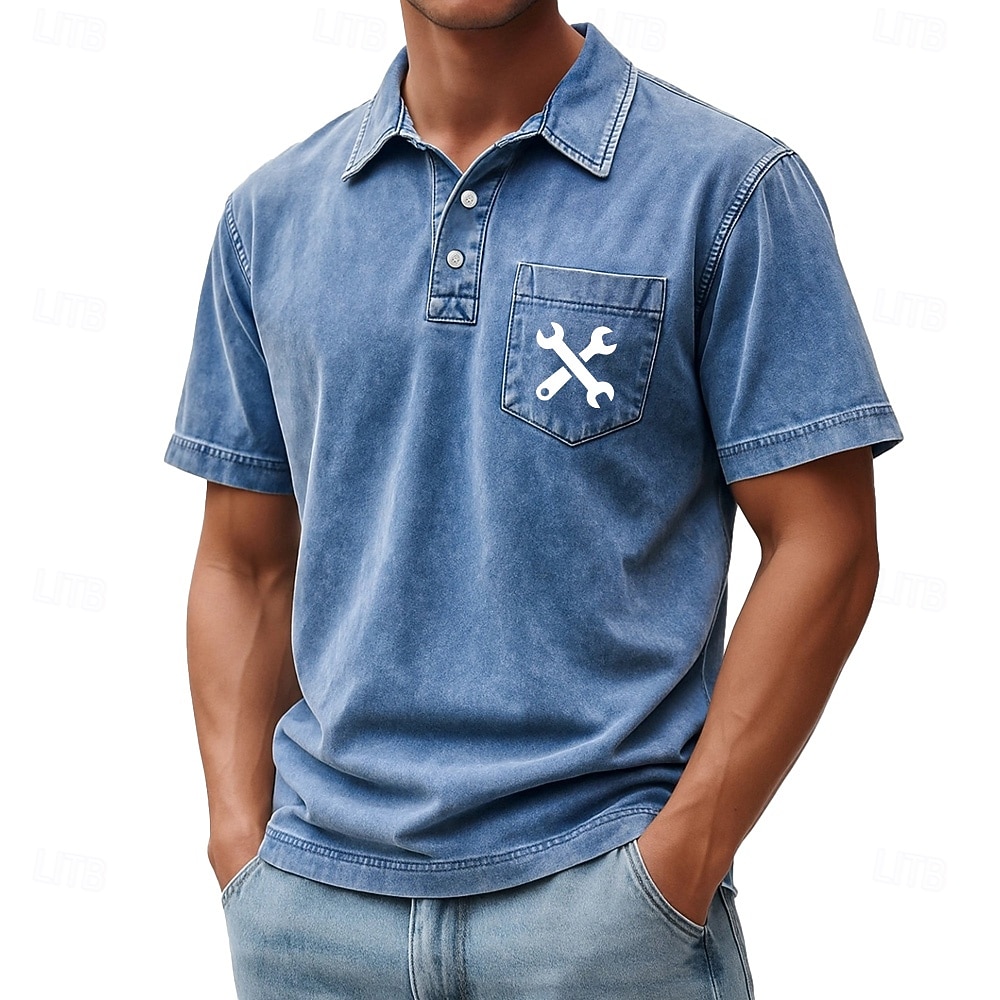 SoftFade™ Men's Graphic Acid Wash Shirt 100% Cotton Short Sleeve Polo Shirts Athleisure Pocket 3D Print Buttons Spring & Summer Blue Brown Green 2026 - $31.99 –P1