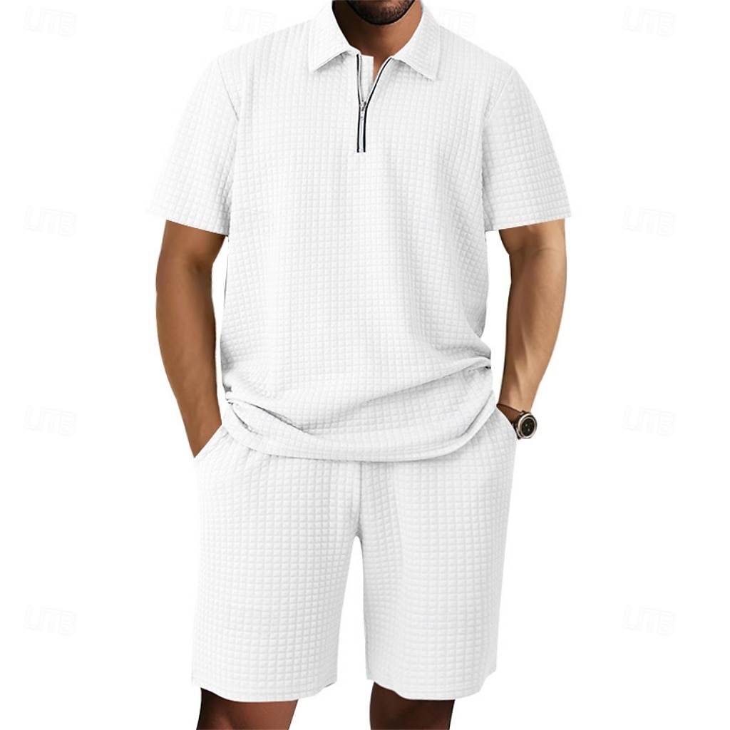 Herre Polo T-skjorte drakter Joggedress Shorts og T-skjorte sett Kortermet Kort Erme Aftæpning Sommer Fargeblokk Gymnastik Fritid Jacquard Glidelås 2 deler Avslappet Feriereise Dagligdagstøy Svart 2026 - $35.99 –P18