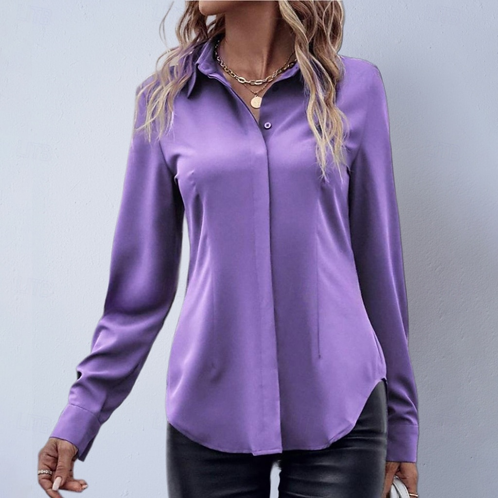 Mulheres Camisa Social Blusa de cetim Saia camisa de botão Côr Sólida Tecido Elegante Moda Casual Manga Longa Aberto para a Lateral Tops regulares Diário Escritório Trabalho Preto Rosa Vermelho Roxo de 2026 por $24.99 –P3