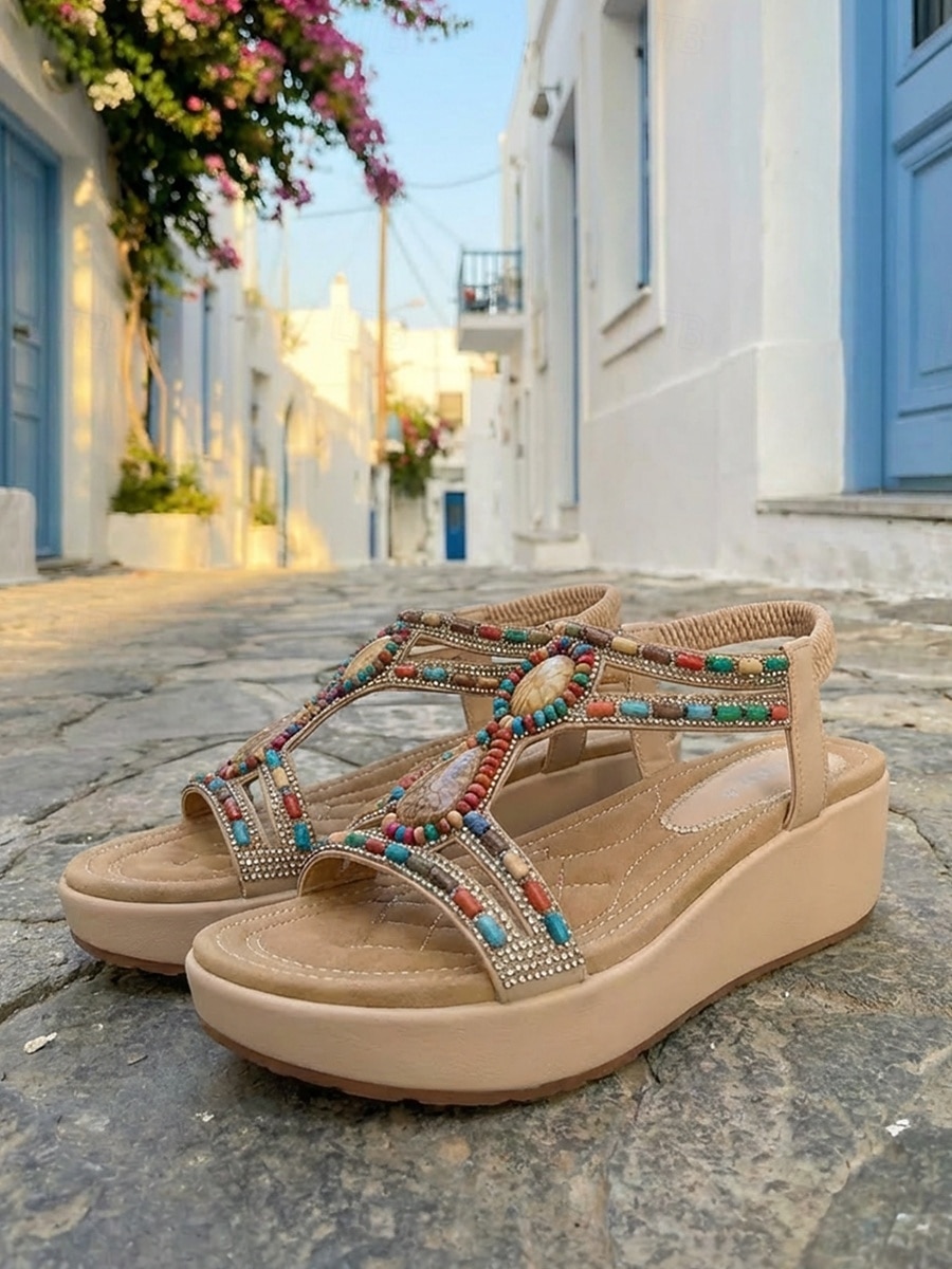 Женские богемные сандалии с цветочным принтом и Т-образным ремешком — удобные черные прогулочные туфли с красочными объемными цветочными акцентами и эластичным задним ремешком для отдыха на природе, летних фестивалей и поездок на пляж. 2026 - $46.99 –P1