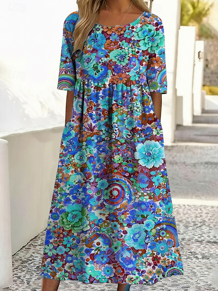 2026年 女性用 ミディドレス カジュアルドレス プリントドレス ファッション アウトドア バケーション お出かけ ルーズフィット フラワー グラフィック 半袖 クルーネック ブルー ライトイエロー パープル グリーン 夏 春  コレクション – $29.99 –P5