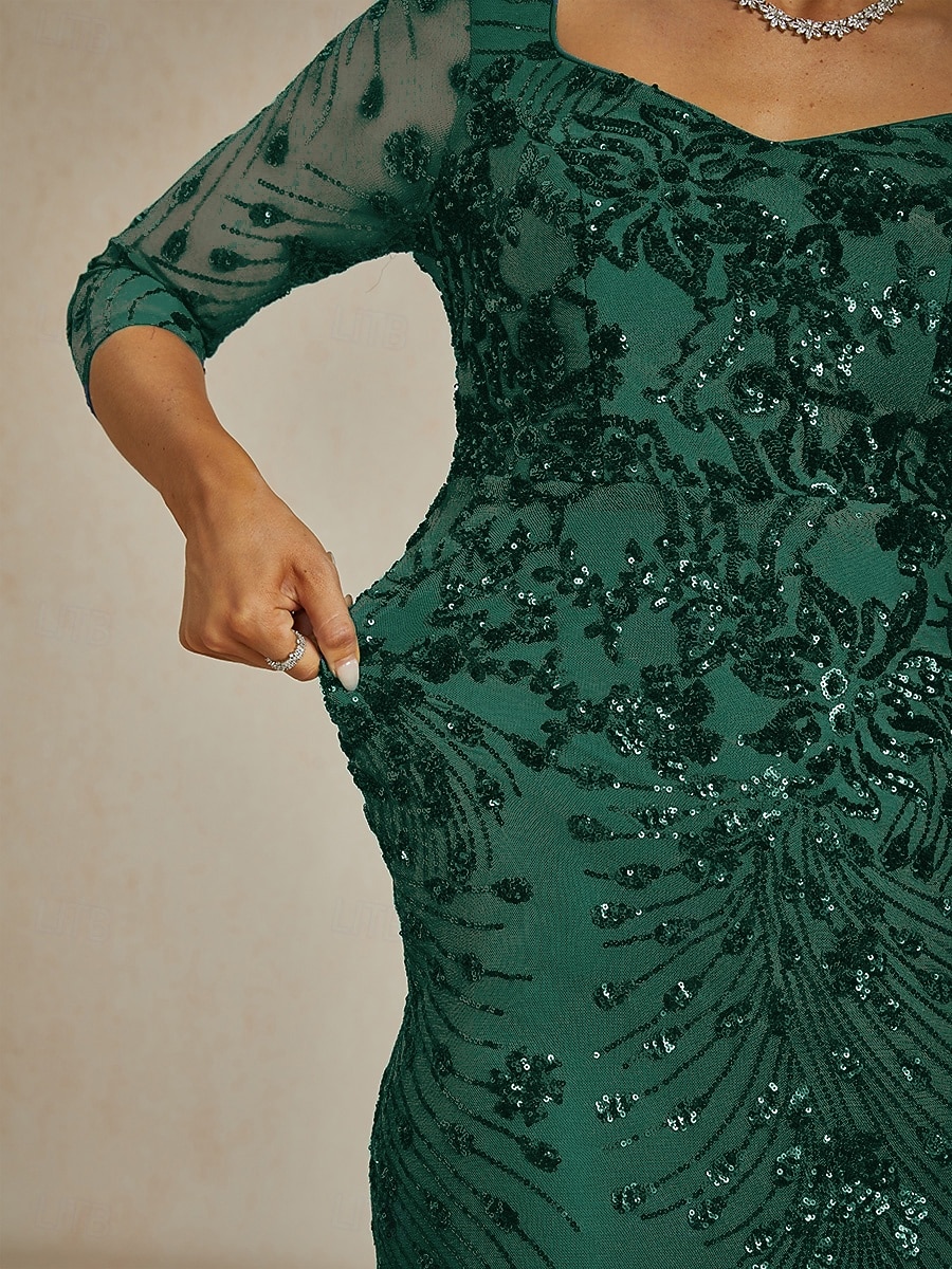 Women's Maxi Dress Sheath Dress Trumpet Mermaid Dress Bodycon Dress Elegant Formal Cocktail Evening Party Sequins Embroidered Floral 3/4 Length Sleeve V Neck Emerald Green 2026 - $117.99 –P3