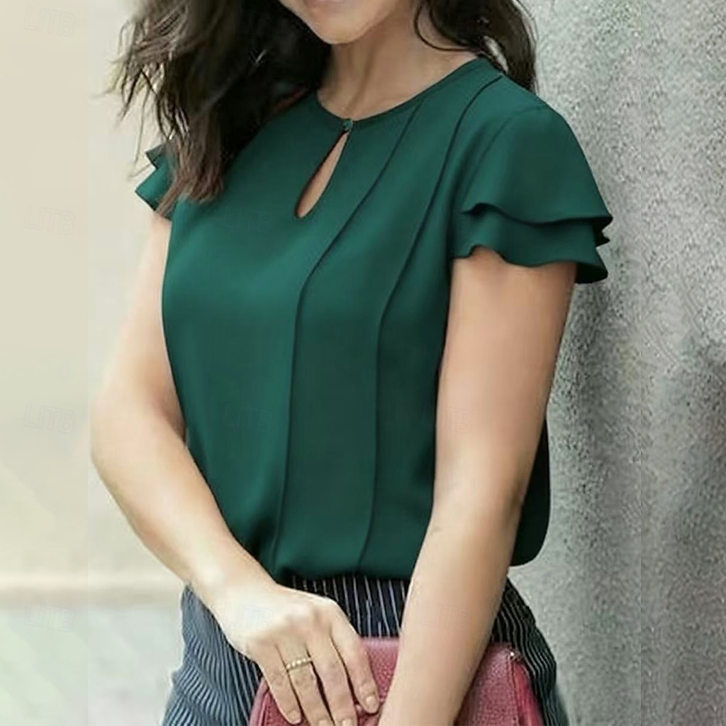 Жен. Рубашка Блуза Пэчворк Пуговицы Сплошной цвет Элегантный стиль Мода Повседневные С короткими рукавами Вырез под горло Обычные топы Уличная одежда Офис 2026 - $21.99 –P4