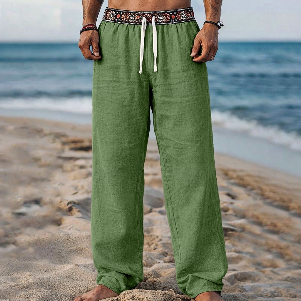 Męskie Lniane spodnie Spodnie Letnie spodnie Spodnie plażowe Ściągana na sznurek Niejednolita całość Elastyczny pas Geometryczny Komfort Oddychający Pełna długość Codzienny Święto Urlop Moda Zielony 2026 - $25.99 –P12