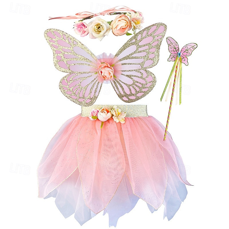 Set Medievale Rinascimento Elegante Lunghezza al ginocchio Gonna Ali Copricapo con accessori Fata Farfalla Floreale Costume Ragazze Fantasia Halloween Carnevale Feste Fiera Rinascimentale Bambini del 2026 a $51.99 –P2