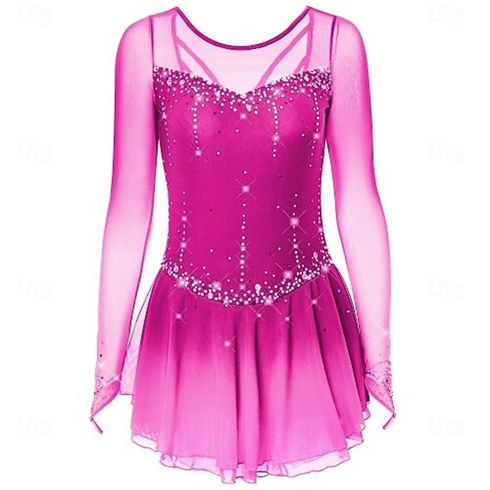 Figure Skating Dress Women's Ice Skating Dress Dark Pink Black White Patchwork Open Back Stretchy Training Competition Skating Wear Classic Crystal / Rhinestone Long Sleeve Ice Skating Figure Skating 2026 - $248.09 –P11