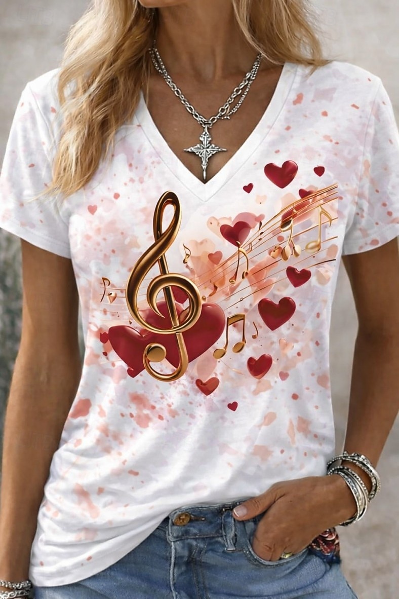 Damen T Shirt Druck Blumen Grafik Musik Vintage Stilvoll Klassisch Kurzarm V Ausschnitt Normale Oberteile Täglich Fitnessstudio Sport Weiß Hellgrün Sommer Frühling 2026 - $21.99 –P1