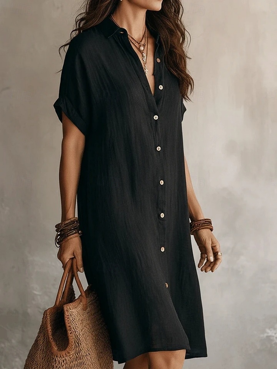 Women's Mini Dress Linen-feel Dresses Shift Dress Summer Dress Casual Daily Loose Fit Plain Short Sleeve Lapel Blue Black Wine Army Green Summer Spring Fall 2026 - $31.99 –P3