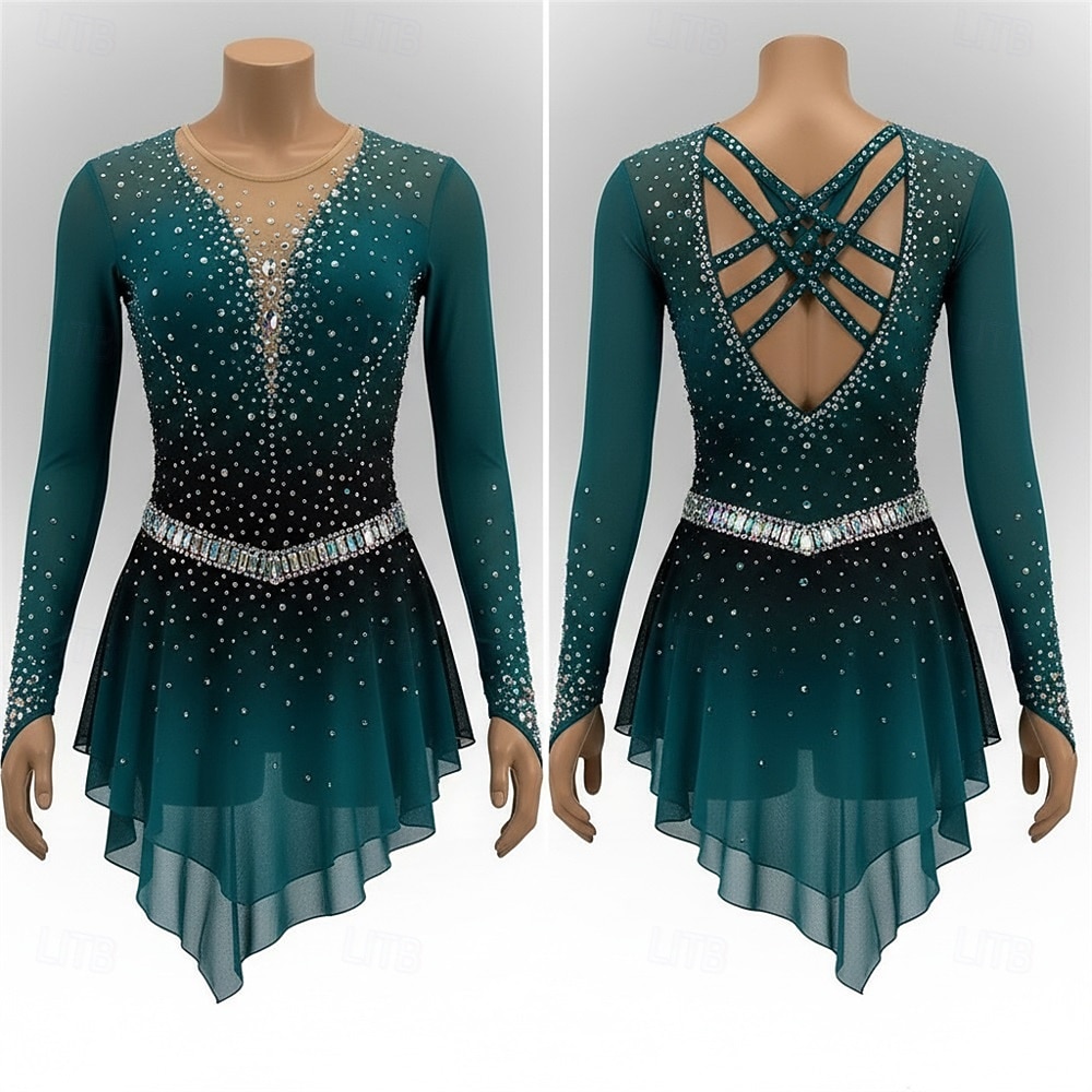 Vestido de patinaje artístico Mujer Patinaje Sobre Hielo Vestidos Verde Oscuro Retazos Espalda Abierta Elástico Entrenamiento Competición Ropa de Patinaje Clásico Cristal / Strass Manga Larga 2026 - $275.29 –P1